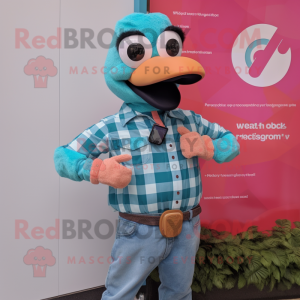 Turquoise Flamingo mascot costume character dressed with a Flannel Shirt and Smartwatches
