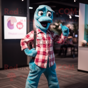 Turquoise Flamingo mascot costume character dressed with a Flannel Shirt and Smartwatches