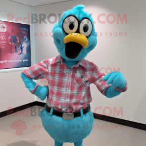 Turquoise Flamingo mascot costume character dressed with a Flannel Shirt and Smartwatches