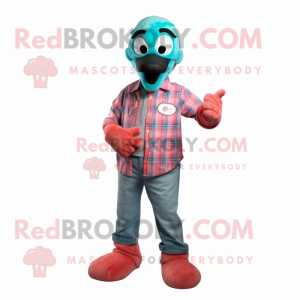 Turquoise Flamingo mascot costume character dressed with a Flannel Shirt and Smartwatches