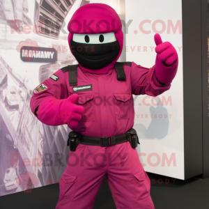 Magenta Para Commando mascot costume character dressed with a Overalls and Mittens