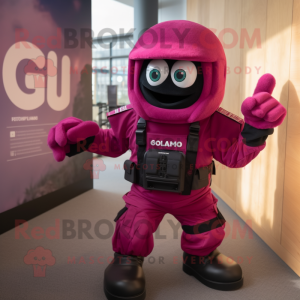 Magenta Para Commando mascot costume character dressed with a Overalls and Mittens