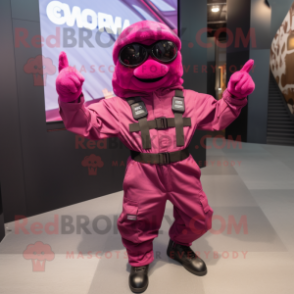 Magenta Para Commando mascot costume character dressed with a Overalls and Mittens