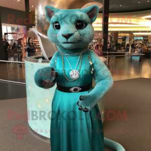 Teal Jaguarundi mascot costume character dressed with a Empire Waist Dress and Bracelet watches