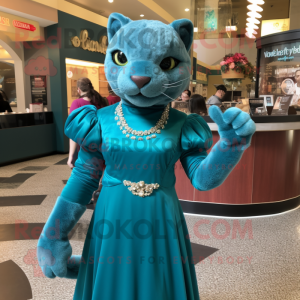 Teal Jaguarundi mascot costume character dressed with a Empire Waist Dress and Bracelet watches