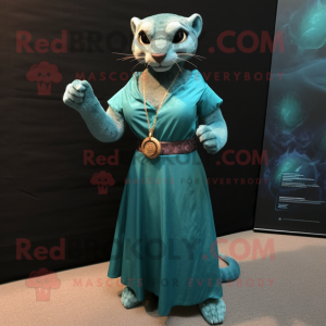 Teal Jaguarundi mascot costume character dressed with a Empire Waist Dress and Bracelet watches