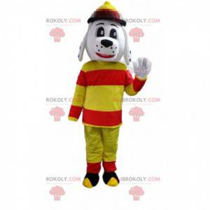 Mascotte cane vestito da vigile del fuoco, uniforme da pompiere