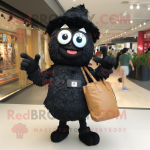 Black Fried Rice mascot costume character dressed with a Denim Shorts and Handbags