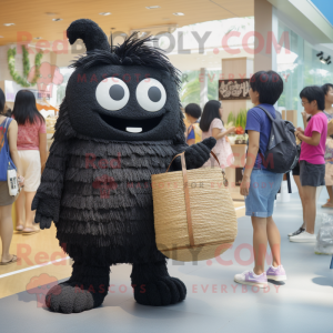 Black Fried Rice mascot costume character dressed with a Denim Shorts and Handbags