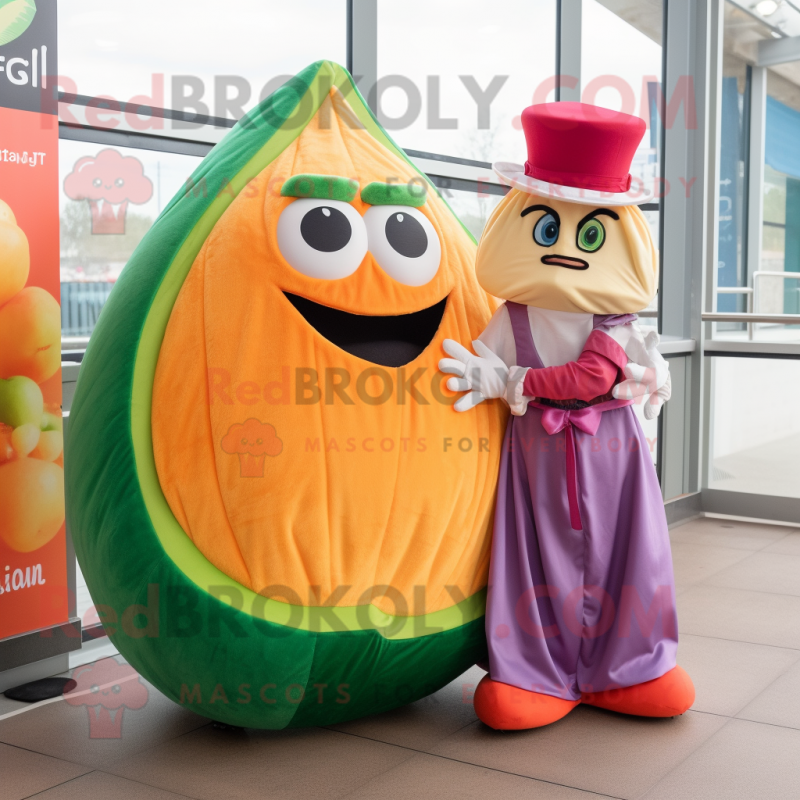 Peach Fajitas mascot costume character dressed with a Ball Gown and Ties Peach Fajitas mascot costume character dressed with a Ball Gown and Ties