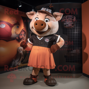 Rust Pig mascot costume character dressed with a Mini Skirt and Wraps