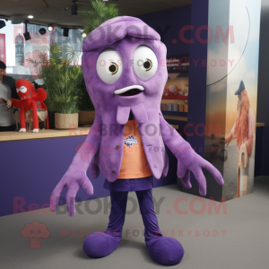 Purple Fried Calamari mascot costume character dressed with a Jeggings and Keychains