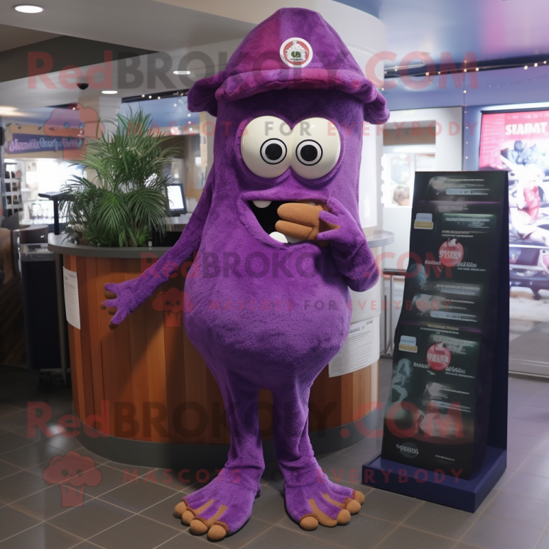 Purple Fried Calamari mascot costume character dressed with a Jeggings and Keychains