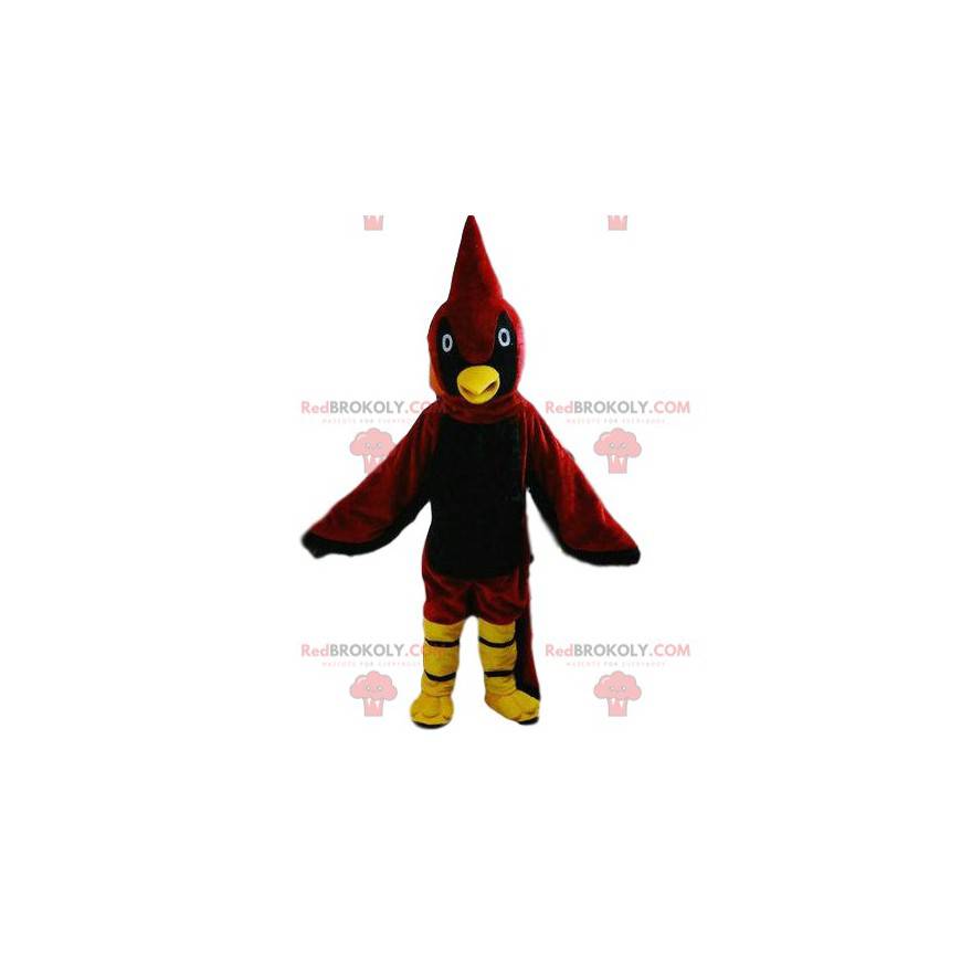 Mascota pájaro rojo y amarillo, traje de pájaro colorido -