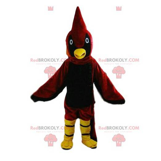 Mascota pájaro rojo y amarillo, traje de pájaro colorido -