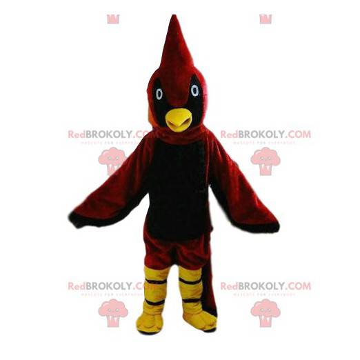 Mascotte d'oiseau rouge et jaune, costume d'oiseau coloré -