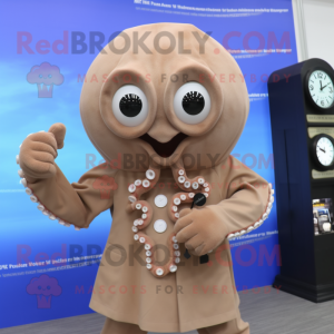 Tan Octopus mascot costume character dressed with a A-Line Dress and Digital watches