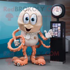 Tan Octopus mascot costume character dressed with a A-Line Dress and Digital watches