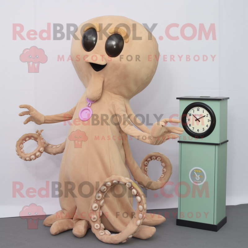 Tan Octopus mascot costume character dressed with a A-Line Dress and Digital watches Tan Octopus mascot costume character dressed with a A-Line Dress and Digital watches