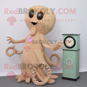 Tan Octopus mascot costume character dressed with a A-Line Dress and Digital watches
