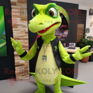 Lime Green Pterodactyl mascot costume character dressed with a Vest and Bracelet watches