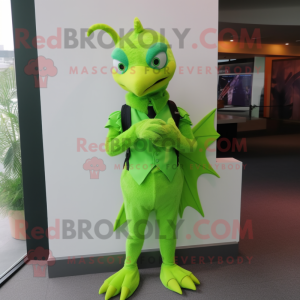 Lime Green Pterodactyl mascot costume character dressed with a Vest and Bracelet watches