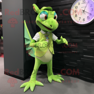 Lime Green Pterodactyl mascot costume character dressed with a Vest and Bracelet watches