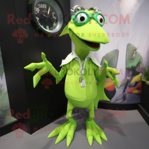 Lime Green Pterodactyl mascot costume character dressed with a Vest and Bracelet watches