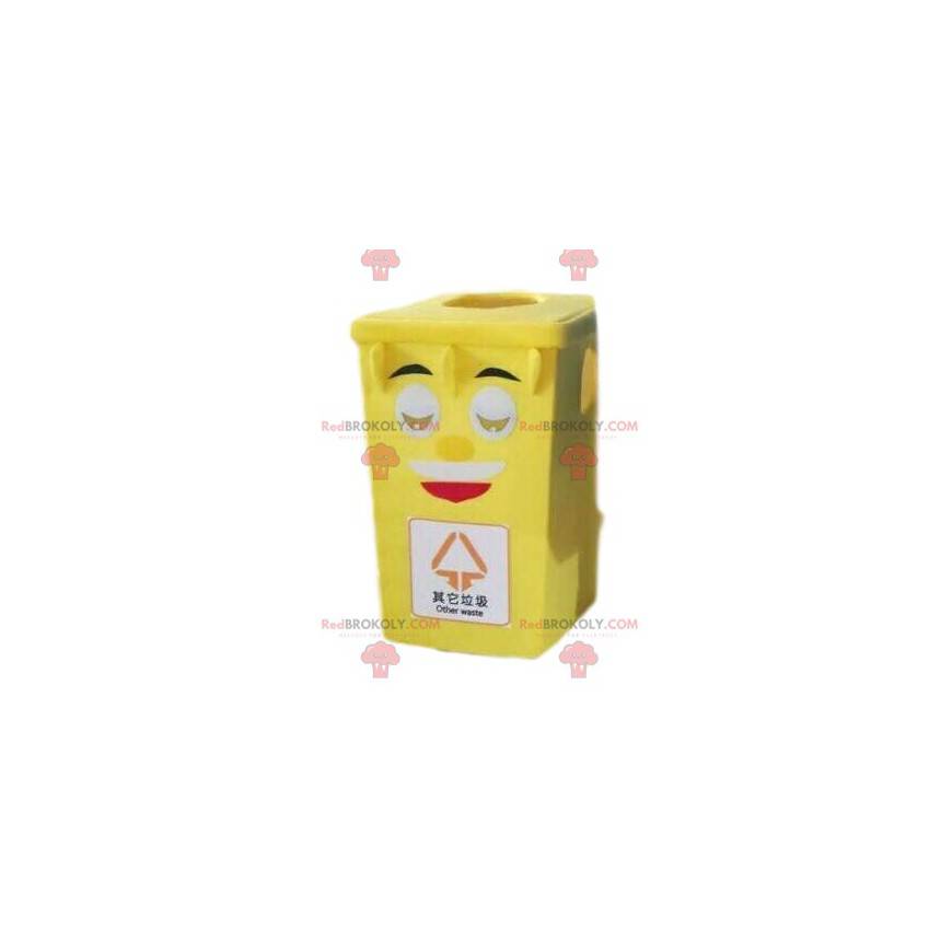 Yellow trash mascot, garbage dumpster costume, recycling -