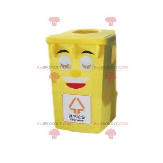 Yellow trash mascot, garbage dumpster costume, recycling -