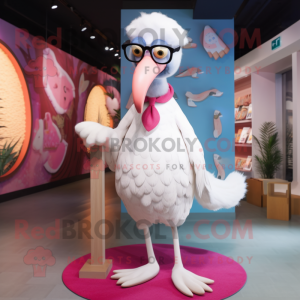 White Flamingo mascot costume character dressed with a Culottes and Eyeglasses