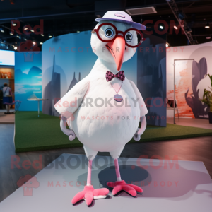 White Flamingo mascot costume character dressed with a Culottes and Eyeglasses