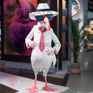 White Flamingo mascot costume character dressed with a Culottes and Eyeglasses