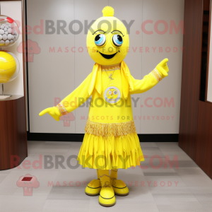 Lemon Yellow Juggle mascot costume character dressed with a Mini Skirt and Scarf clips