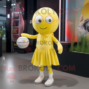 Lemon Yellow Juggle mascot costume character dressed with a Mini Skirt and Scarf clips