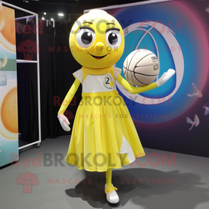 Lemon Yellow Juggle mascot costume character dressed with a Mini Skirt and Scarf clips