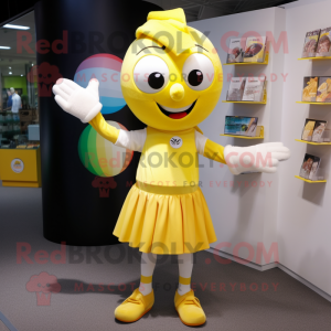 Lemon Yellow Juggle mascot costume character dressed with a Mini Skirt and Scarf clips