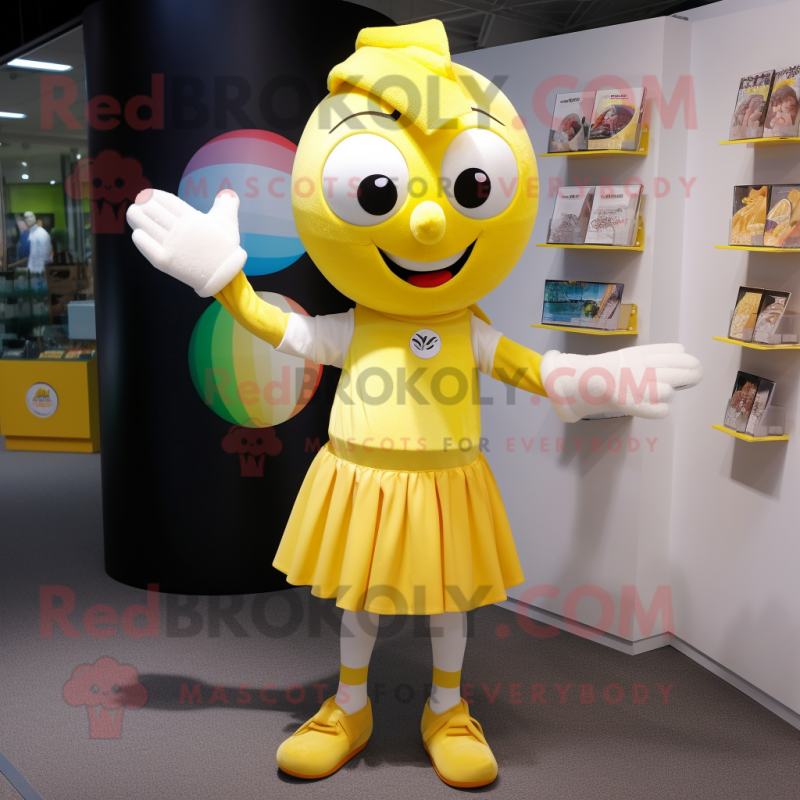 Lemon Yellow Juggle mascot costume character dressed with a Mini Skirt and Scarf clips Lemon Yellow Juggle mascot costume character dressed with a Mini Skirt and Scarf clips