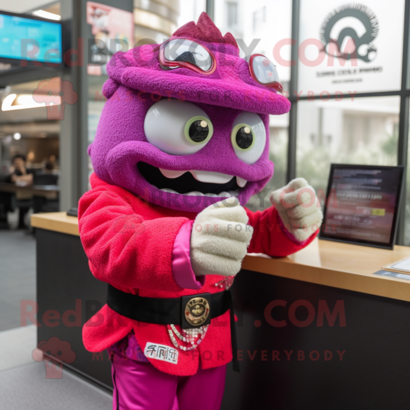 Magenta Sushi mascot costume character dressed with a Coat and Bracelet watches Magenta Sushi mascot costume character dressed with a Coat and Bracelet watches