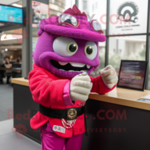 Magenta Sushi mascot costume character dressed with a Coat and Bracelet watches
