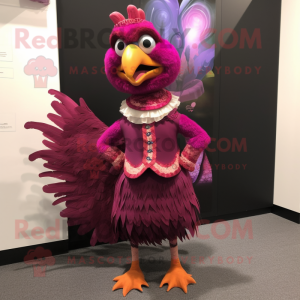 Magenta Pheasant mascot costume character dressed with a Pencil Skirt and Cummerbunds