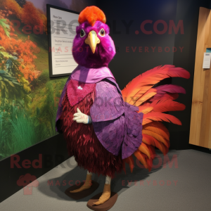 Magenta Pheasant mascot costume character dressed with a Pencil Skirt and Cummerbunds