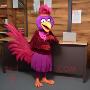 Magenta Pheasant mascot costume character dressed with a Pencil Skirt and Cummerbunds