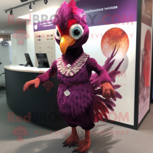 Magenta Pheasant mascot costume character dressed with a Pencil Skirt and Cummerbunds