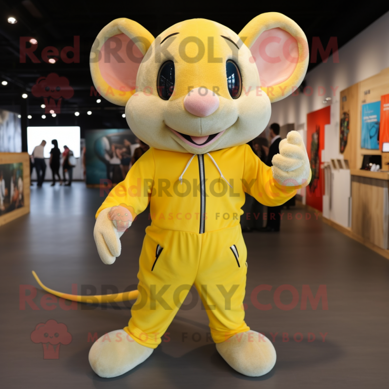 Yellow Mouse mascot costume character dressed with a Jumpsuit and Shoe laces