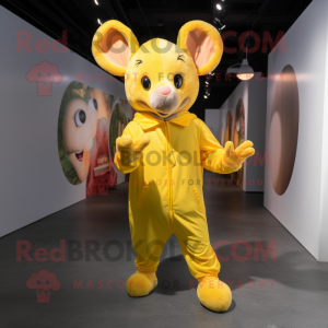 Yellow Mouse mascot costume character dressed with a Jumpsuit and Shoe laces