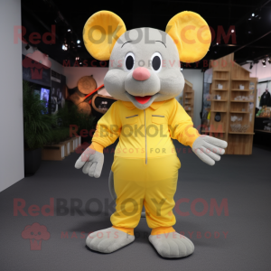 Yellow Mouse mascot costume character dressed with a Jumpsuit and Shoe laces