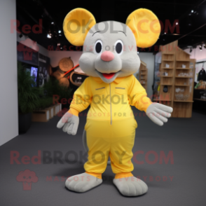 Yellow Mouse mascot costume character dressed with a Jumpsuit and Shoe laces