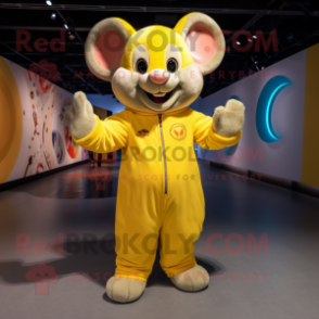 Yellow Mouse mascot costume character dressed with a Jumpsuit and Shoe laces