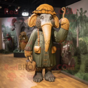 Olive Mammoth mascot costume character dressed with a Raincoat and Handbags